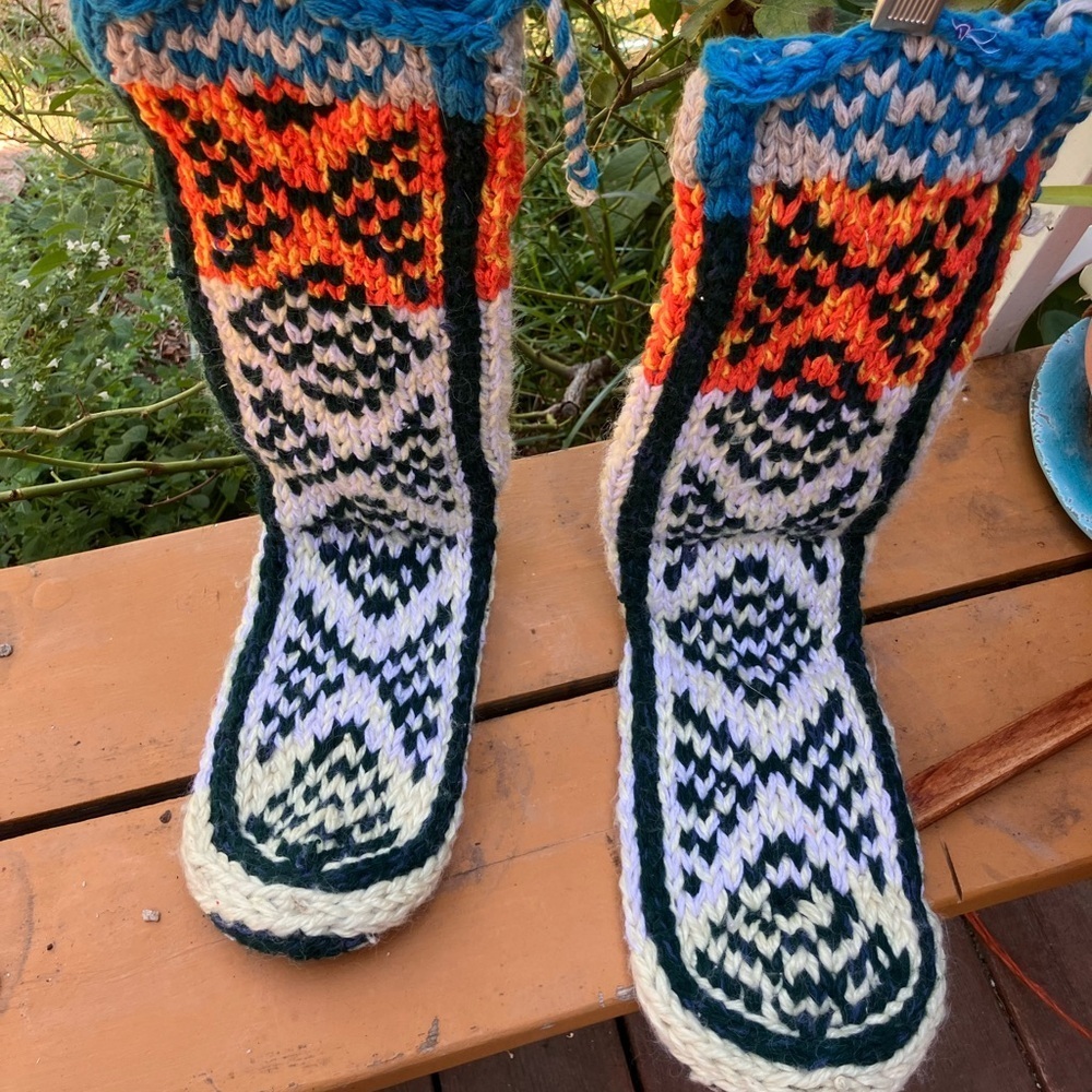 Knee high knitted mukluks colorful Slipper Socks with leather soles Large